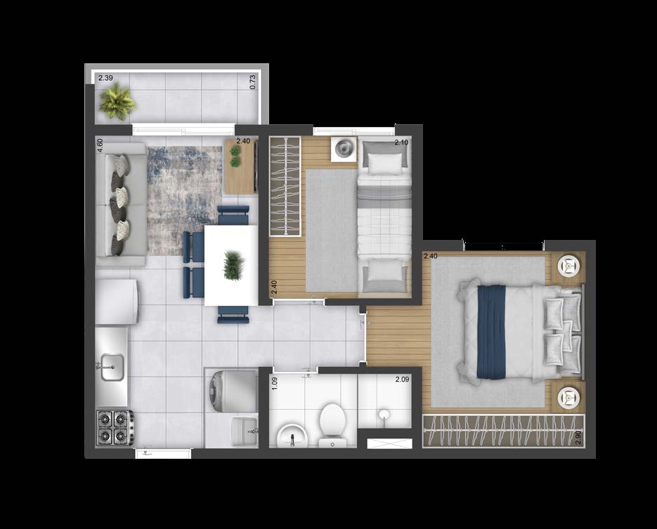 Planta de 32,70 m² com 2 dormitórios do Plano&Essência Clube