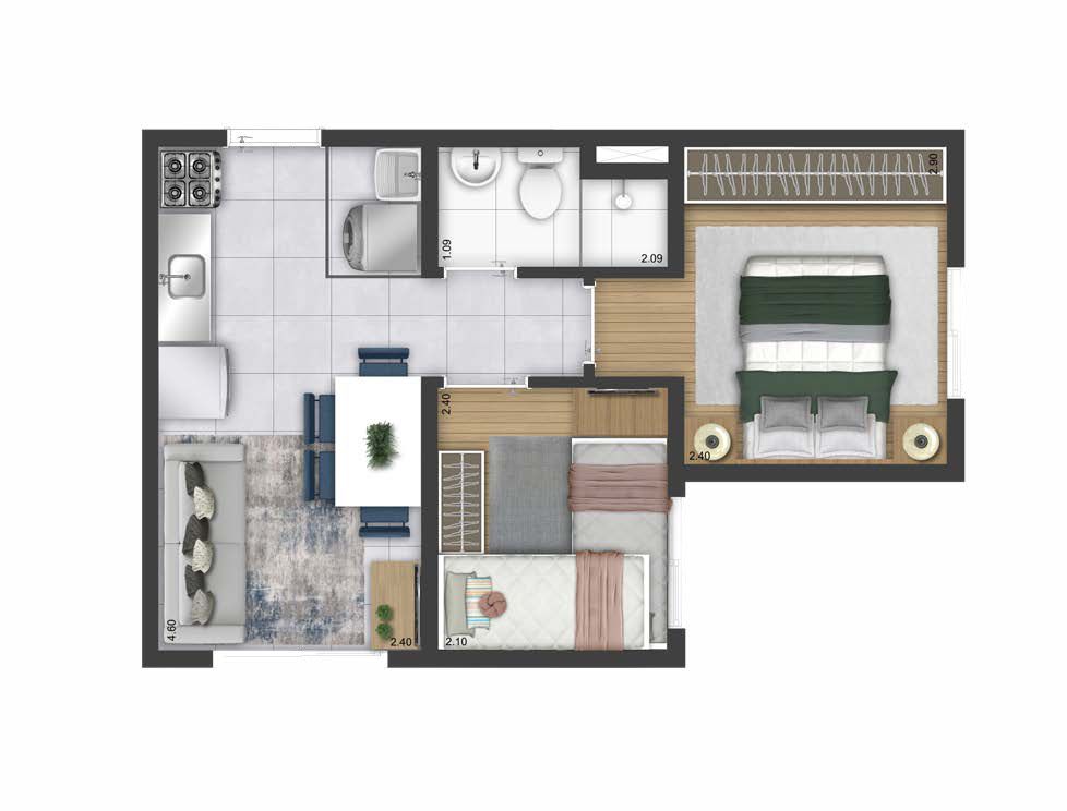 Planta 2 dorms · sem varanda de 31 m² — apartamento na planta Zona Oeste