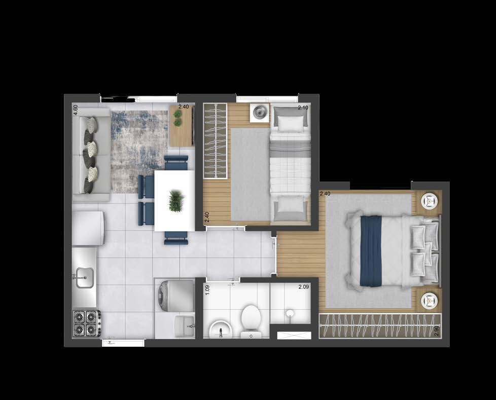 Planta de 34,43 m² com 2 dormitórios do Plano&Essência Clube