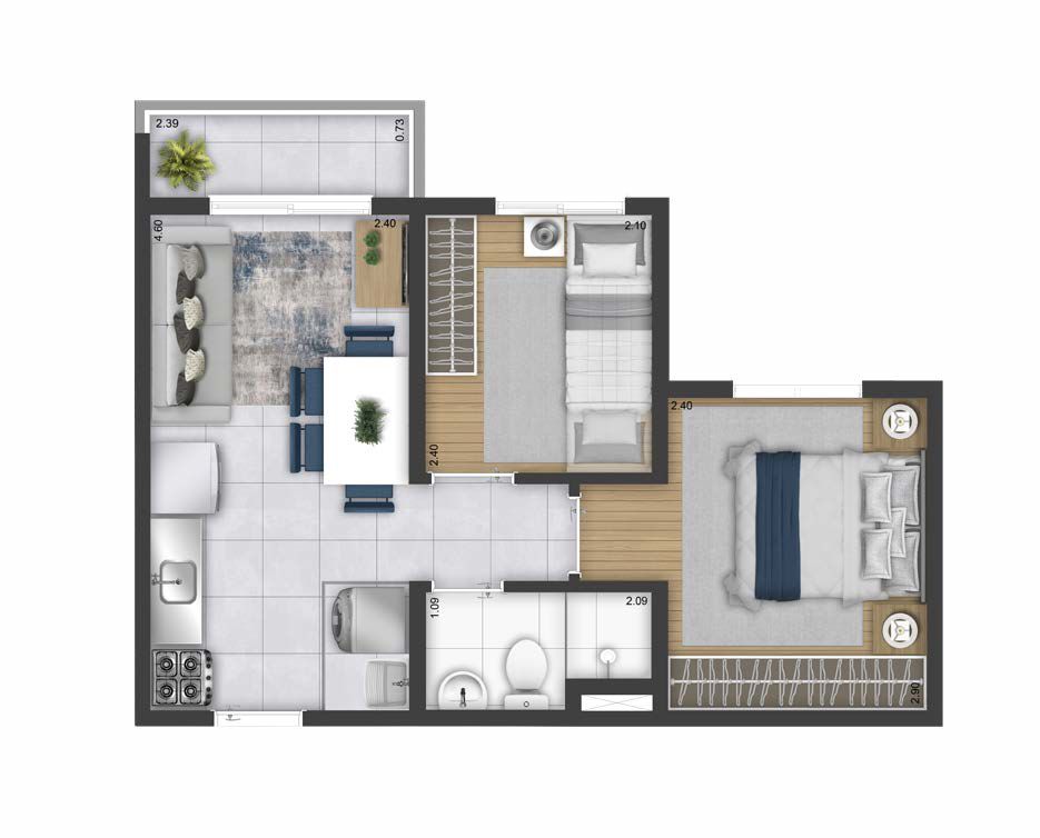 Planta 2 dorms · com varanda de 34 m² — apartamento na planta Zona Oeste