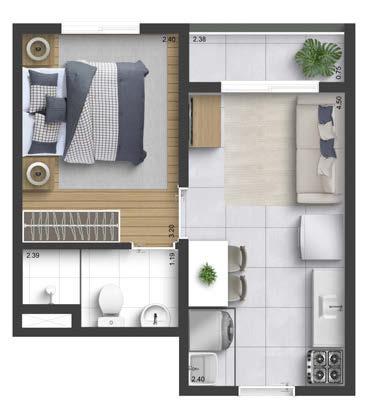 Planta ilustrativa de 1 dormitório com varanda, Opção 01
