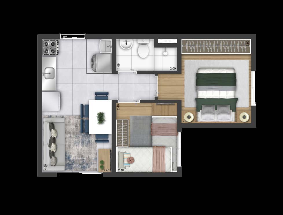 Planta de 31,71 m² com 2 dormitórios do Plano&Essência Clube
